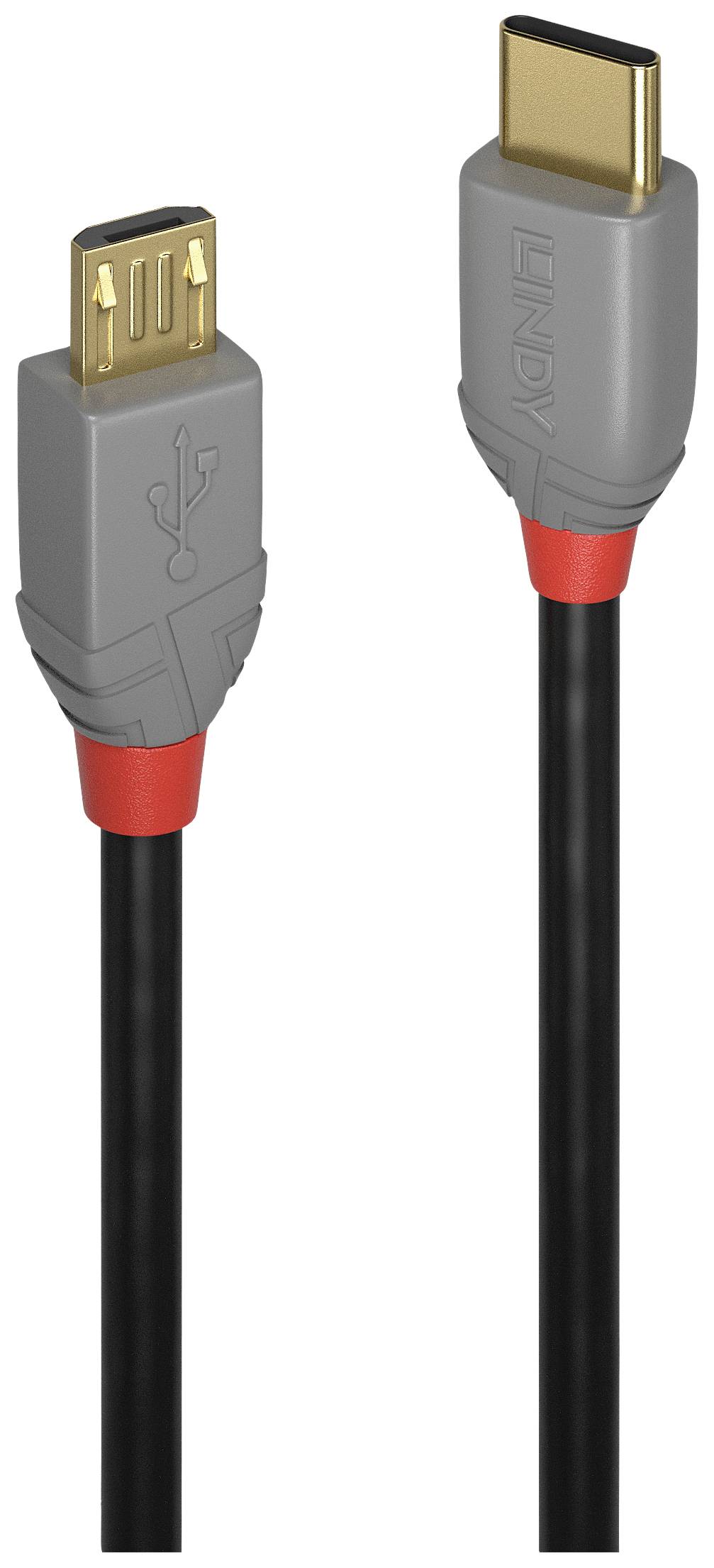 Un cavo USB con due estremità: a sinistra un connettore Micro-USB e a destra un connettore USB-C. Entrambi i connettori sono grigi con elementi rossi.