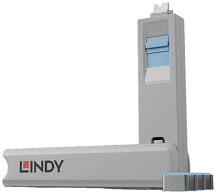 Adattatore USB grigio, in posizione verticale, con connettore blu in alto. Logo 'LINDY' in basso a sinistra.