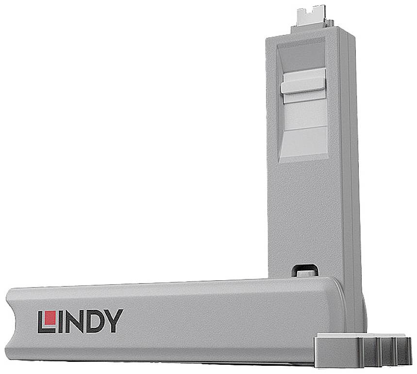 Leva grigia della porta con logo LINDY, sollevata, mostra il meccanismo della leva.