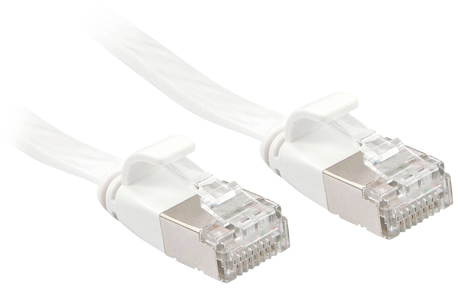 'Due cavi Ethernet bianchi con connettori in plastica trasparenti'