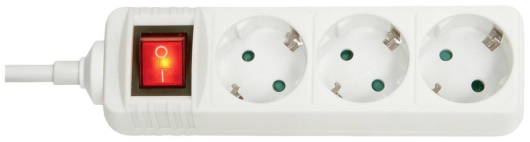 Presa multipla tripla con interruttore rosso. L'interruttore è acceso. Idonea per collegare più dispositivi elettrici.