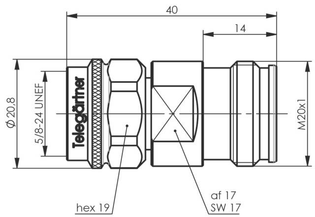 Disegno tecnico di un connettore con quote in millimetri. Vista laterale che mostra dettagli come '5/8-24 UNEF', 'af 17' e 'SW 17'.