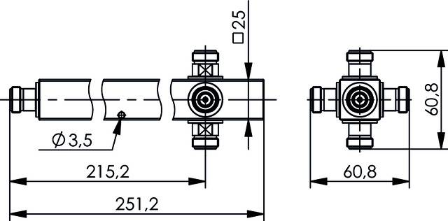Disegno tecnico di un cilindro con quote; indicazioni di lunghezza e larghezza in millimetri, mostra i dettagli di fissaggio e connessioni.