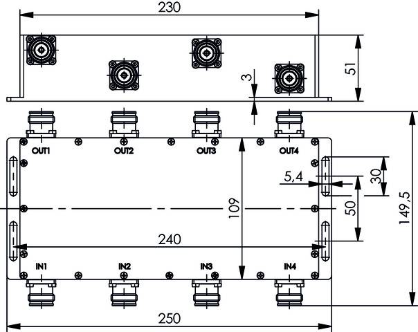 Disegno tecnico di un distributore con quattro ingressi e quattro uscite, dimensioni espresse in millimetri.