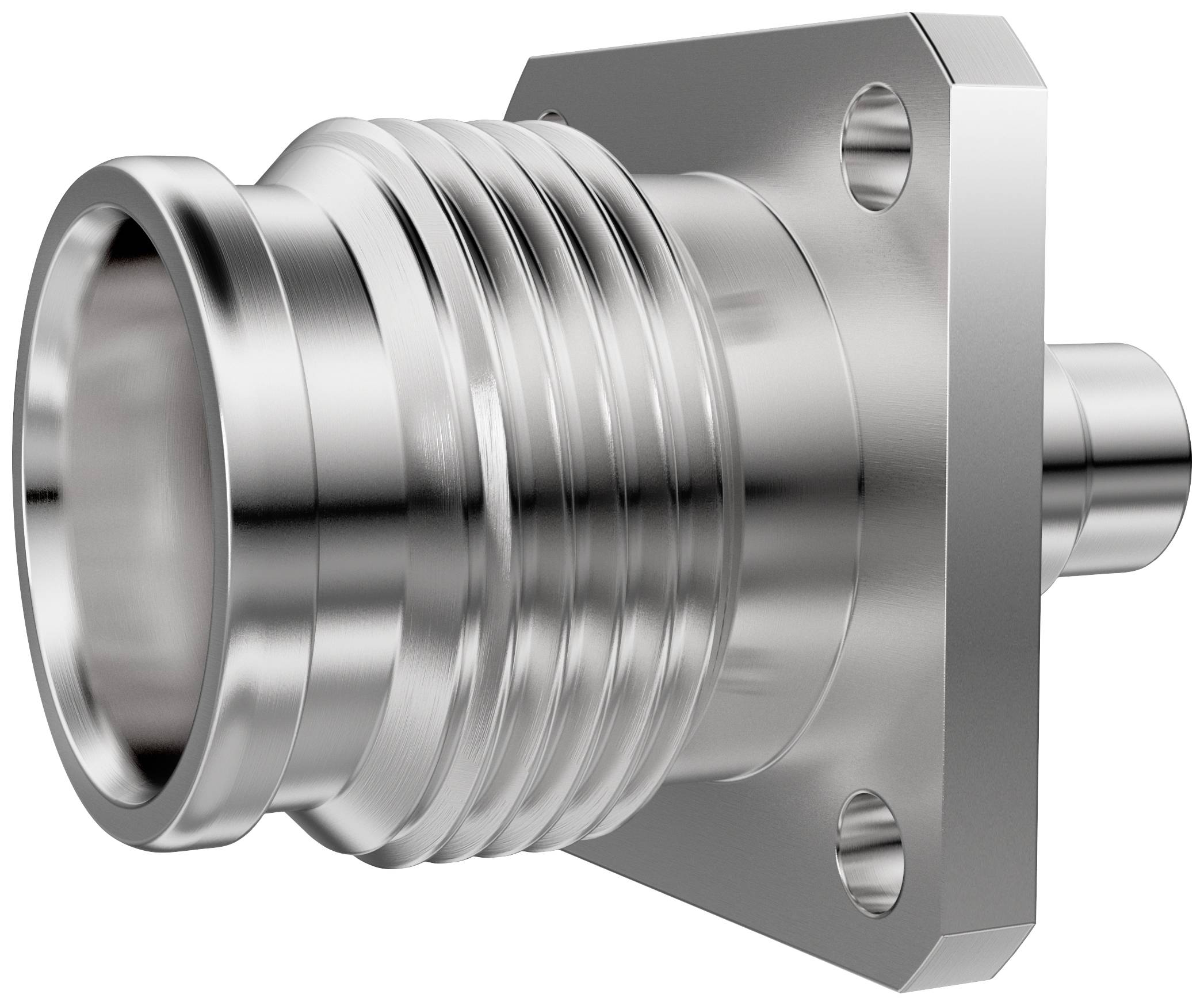 'Un connettore argentato, metallico con due flange e viti, idoneo per connessioni elettriche o meccaniche.'
