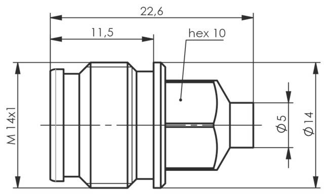 Disegno tecnico di un componente con dimensioni: lunghezza totale 22,6 mm, larghezza 11,5 mm, filettatura M14x1, esagono 10 mm, diametro 14 mm.