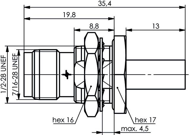 Disegno tecnico di un collegamento filettato con quote in millimetri; valori esadecimali di 16 e 17, massimo 4,5 indicato.