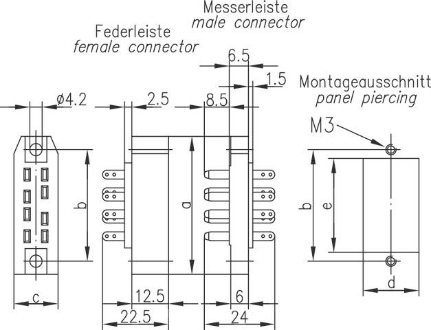 Disegno tecnico di un connettore con misure e descrizioni: 'Guida a molla', 'Guida a lama', 'Foro di montaggio'.