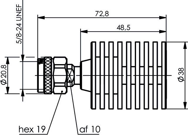 Disegno tecnico di un componente cilindrico con struttura a costole, indicazioni di diametro, lunghezze di 72,8 mm e 48,5 mm, filettatura 5/8-24 UNEF.