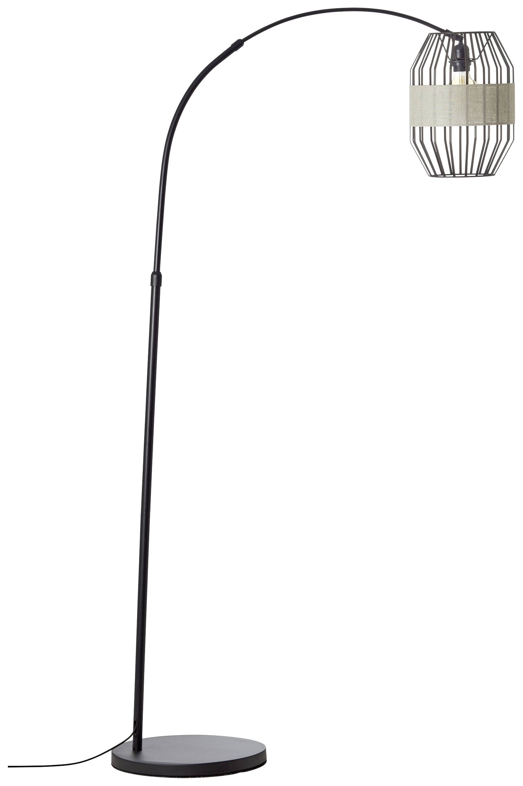 Lampada da terra con struttura snella in metallo curvata e paralume in tessuto traforato. Design essenziale.