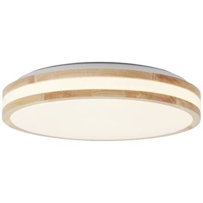 Una plafoniera LED rotonda con cornice effetto legno e luce bianca diffusa. Ideale per ambienti residenziali moderni.