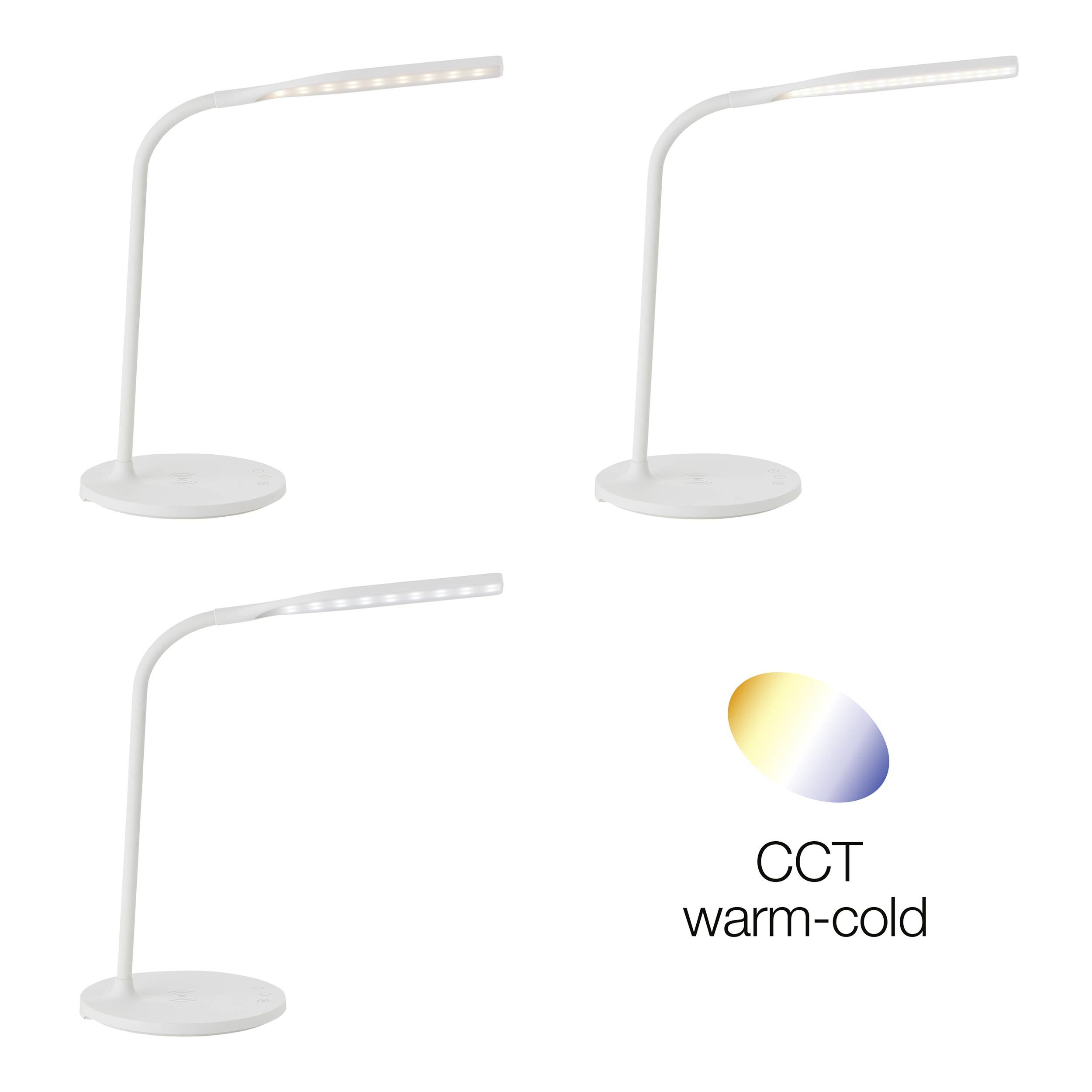 Tre lampade da tavolo bianche con collo flessibile e illuminazione LED su sfondo bianco. In basso a destra un diagramma con la scritta 'CCT warm-cold'.