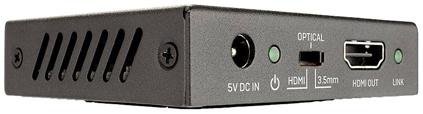 Retro di un dispositivo elettronico con connessioni: presa di alimentazione '5V DC IN', punto verde, ingresso ottico, 'HDMI', 'HDMI OUT', 'LINK'.