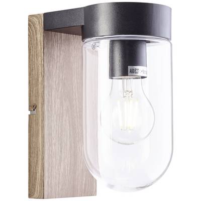 Applique da parete con supporto in legno e cupola in vetro trasparente che lascia intravedere la lampadina. Design moderno per l'illuminazione d'interni.