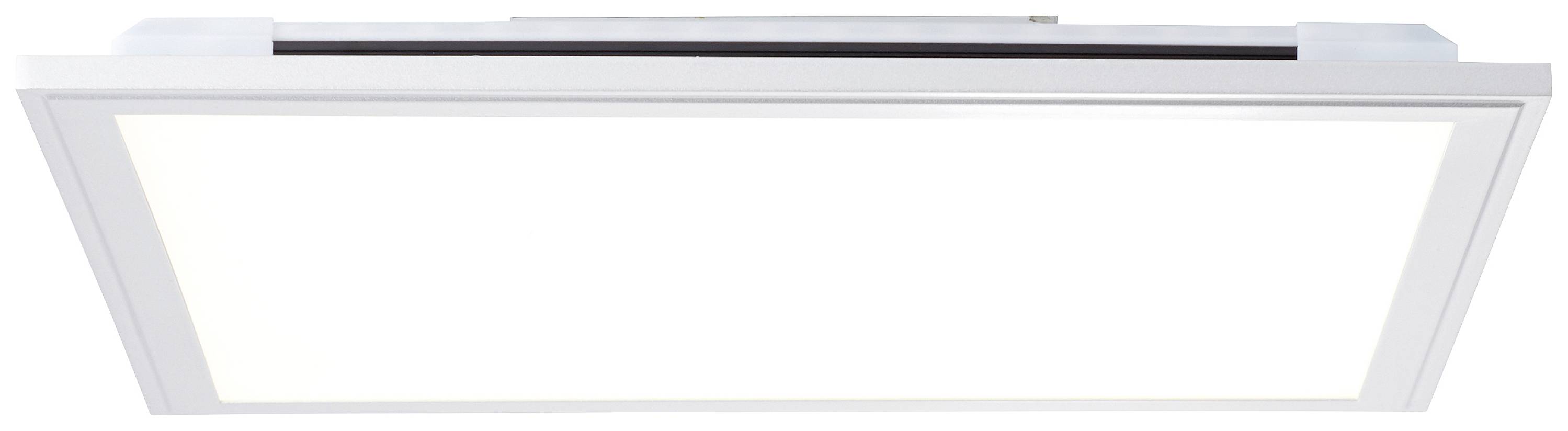 Plafoniera LED da incasso con design rettangolare e piatto e cornice bianca. Emana una luce uniforme e luminosa.