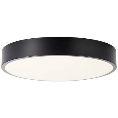 Plafoniera rotonda con cornice nera e superficie luminosa bianca, adatta per interni moderni.