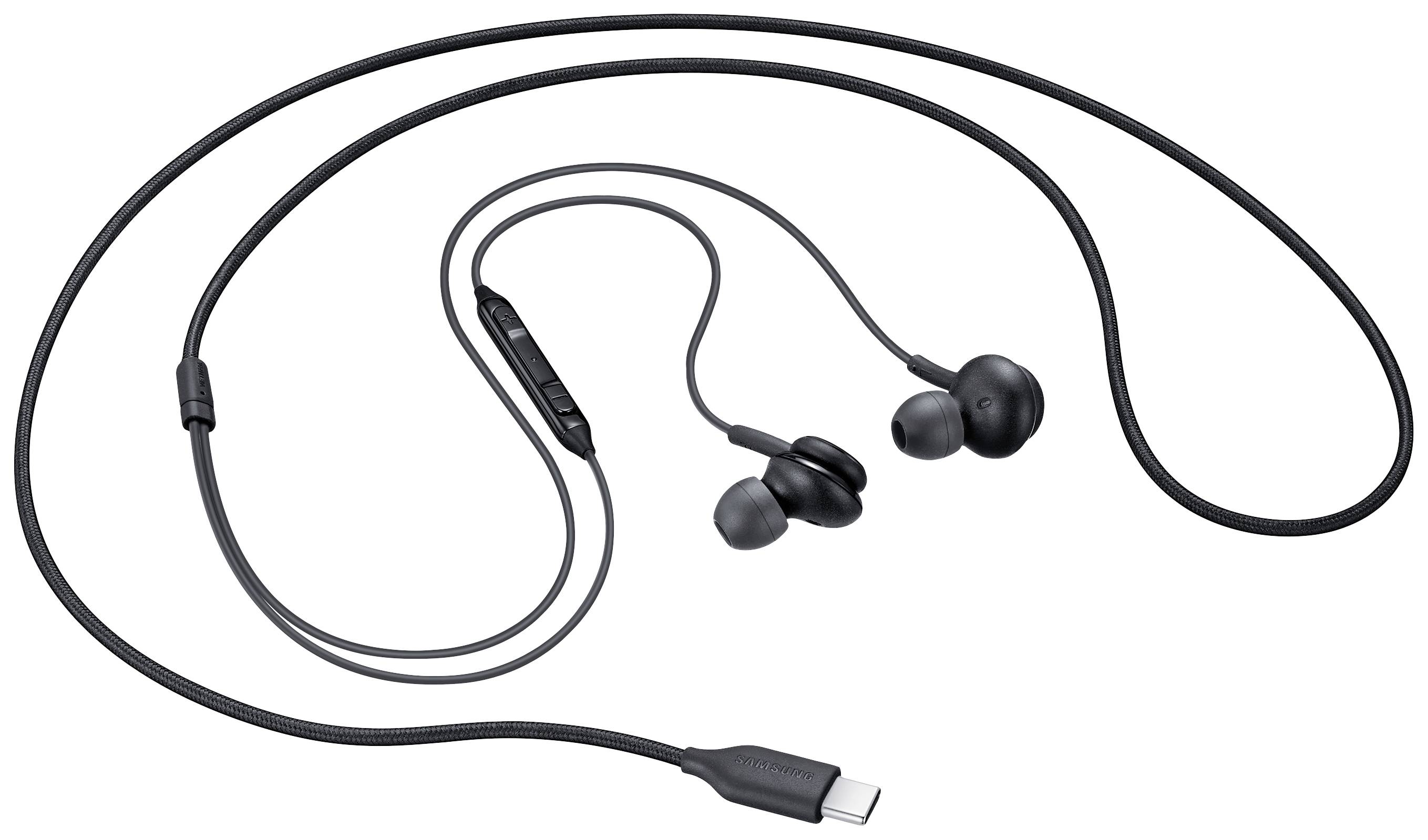 Un paio di auricolari in-ear neri con connettore USB-C e telecomando integrato.