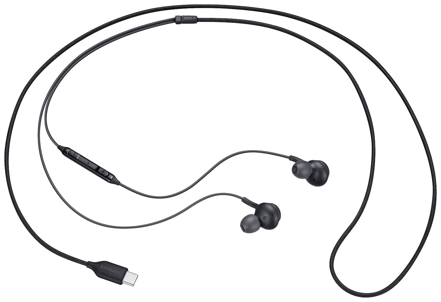 Un paio di auricolari in-ear neri con cavo e connettore USB-C, dotati di tasti di controllo integrati sul cavo.