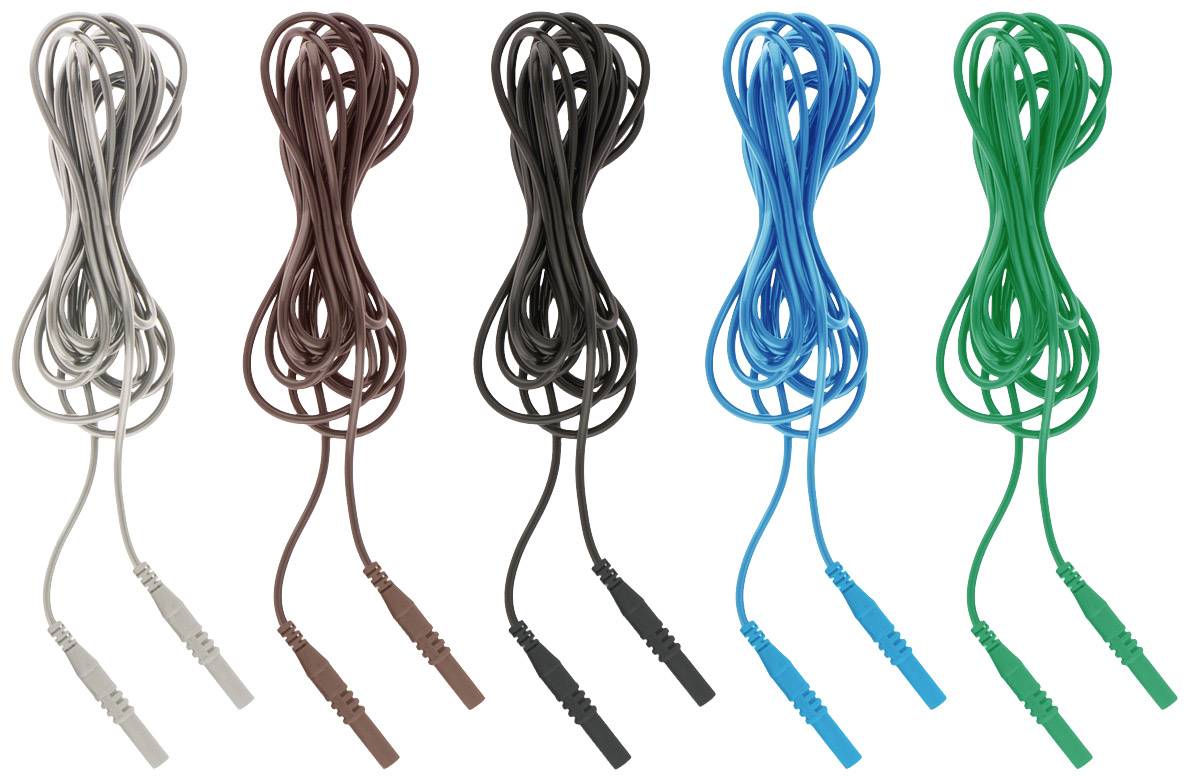Cinque cavi audio nei colori grigio, marrone, nero, blu e verde, disposti fianco a fianco su sfondo bianco.