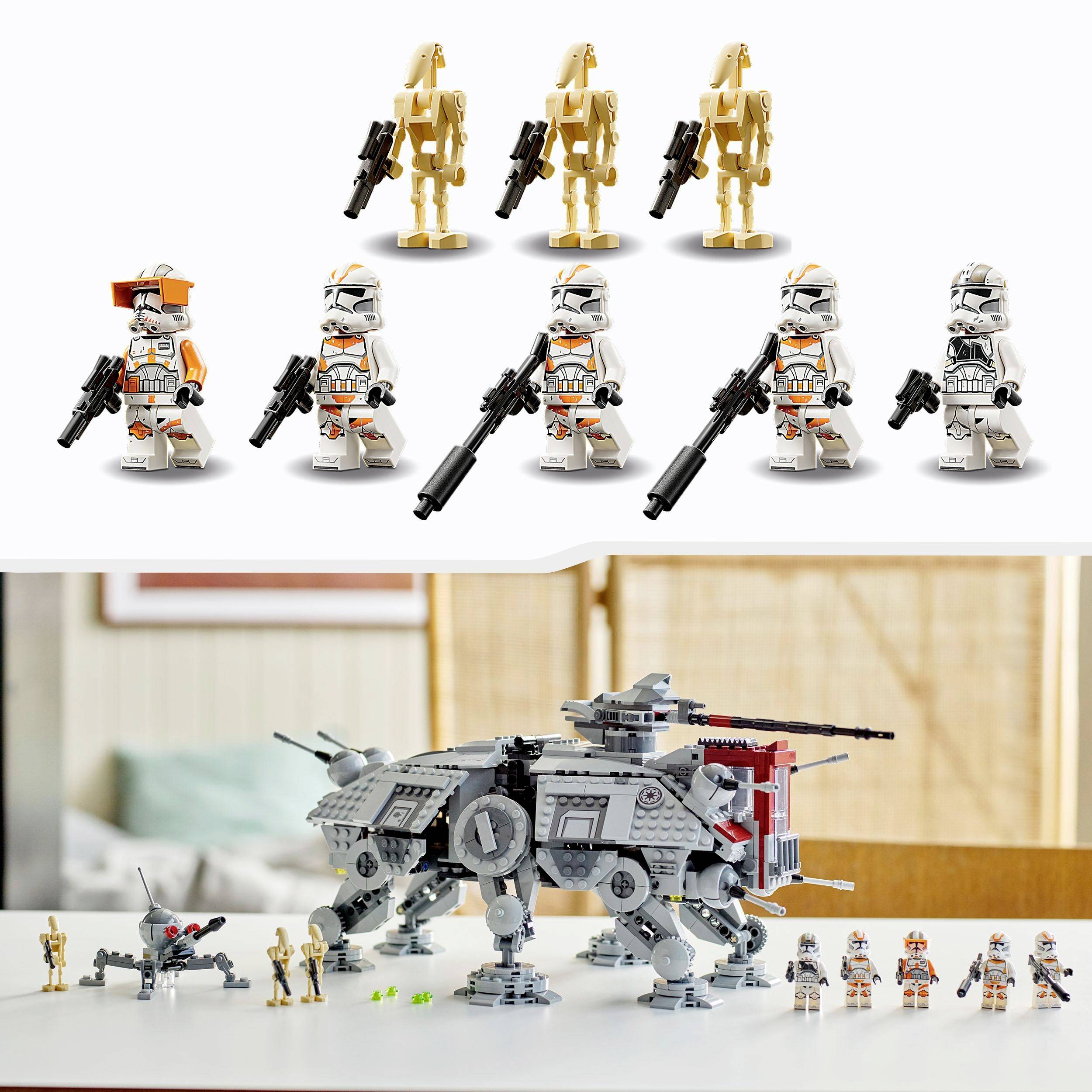 Scena LEGO con soldati clone, droidi e un AT-TE Walker su un tavolo. Le figure sono in primo piano e formano una scena di battaglia.