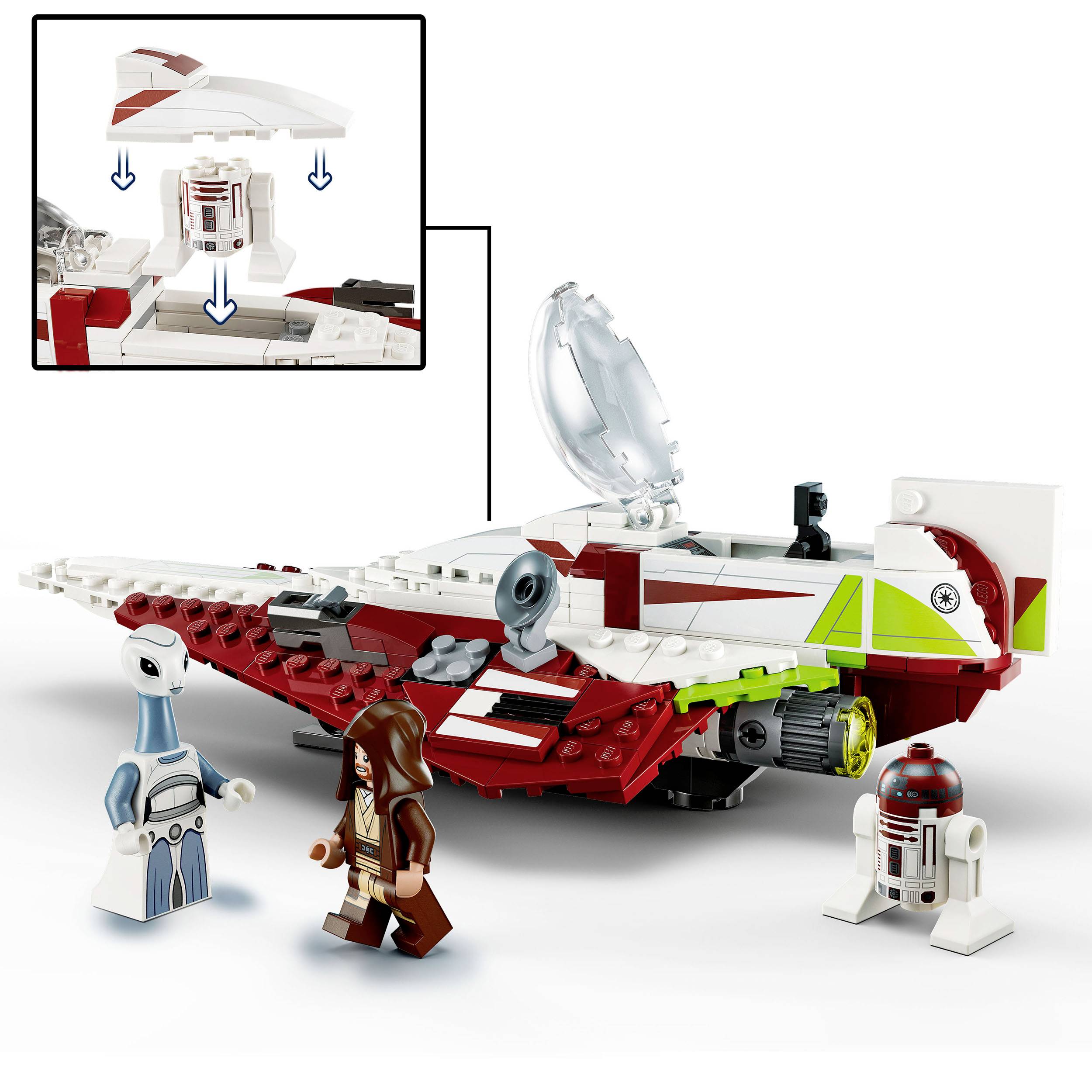 LEGO-navicella spaziale con due figure accanto a un'astronave rosso-bianca. In alto, dettaglio ravvicinato di una parte ruotabile della navicella.