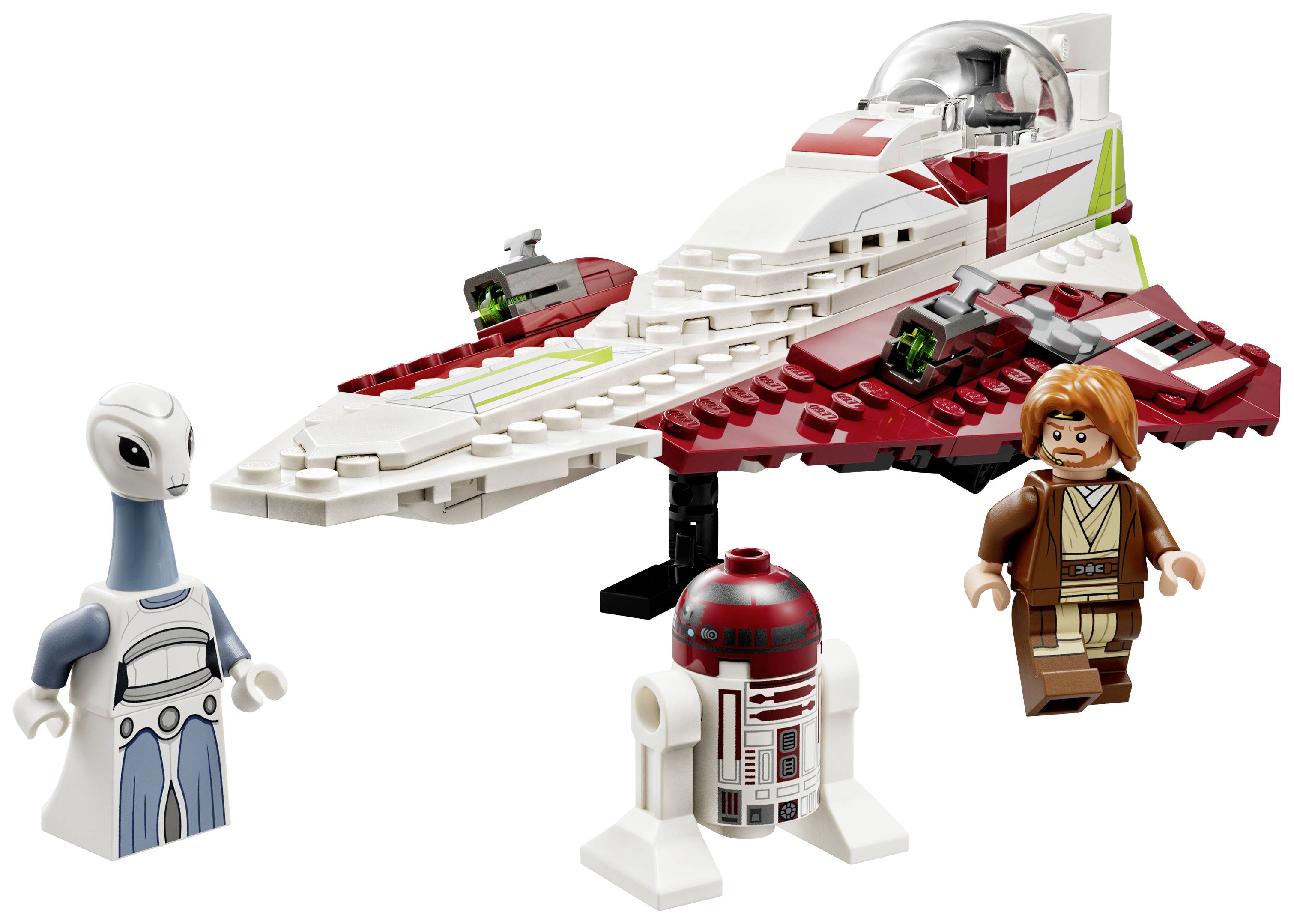 Set LEGO con astronave e tre figure: un alieno umanoide, un droide e una persona con veste marrone.