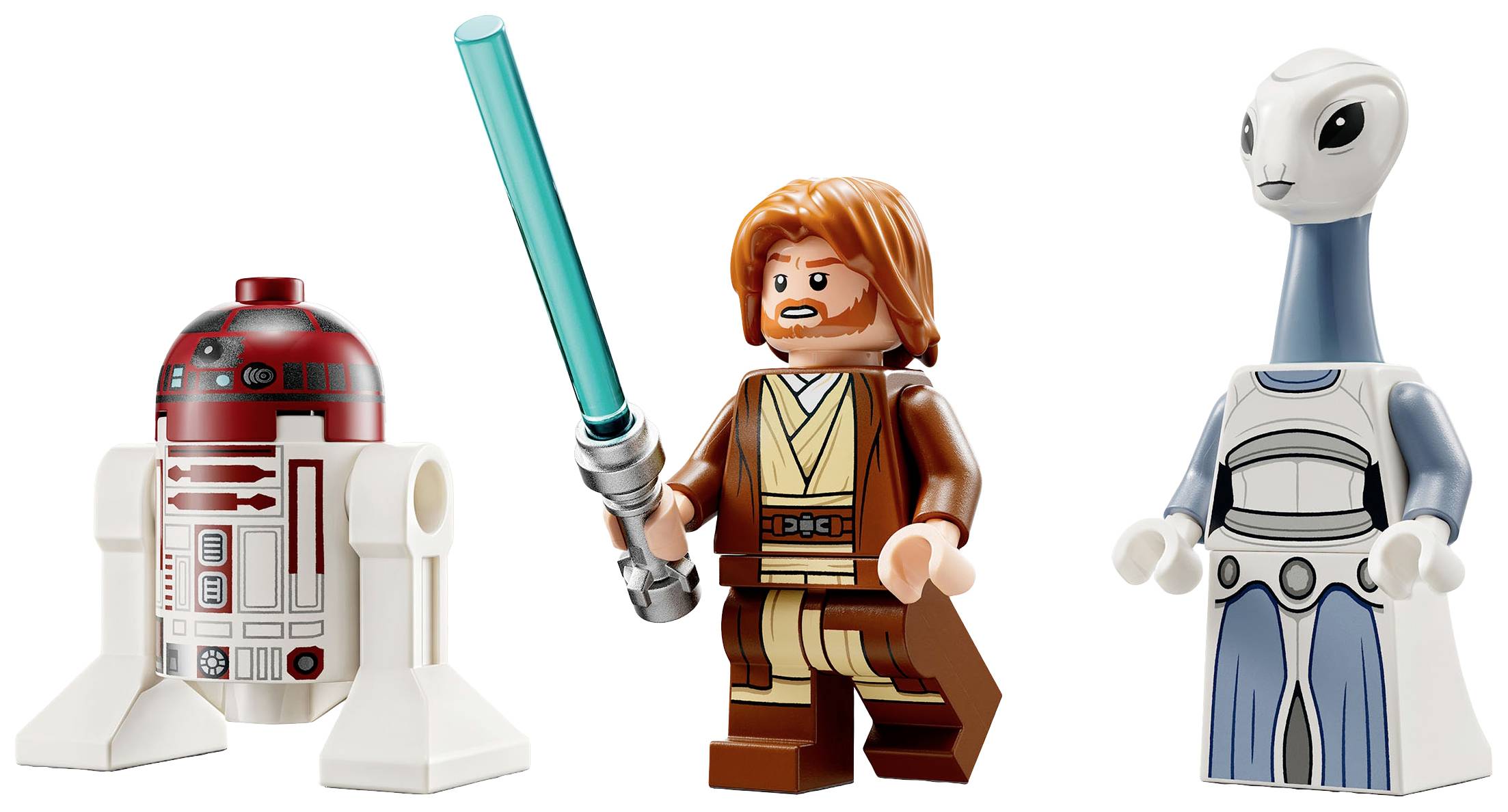 Tre figure LEGO sono in piedi una accanto all'altra: un robot con accenti rossi, una figura con un abbigliamento marrone e una spada laser, e una figura con un collo lungo.