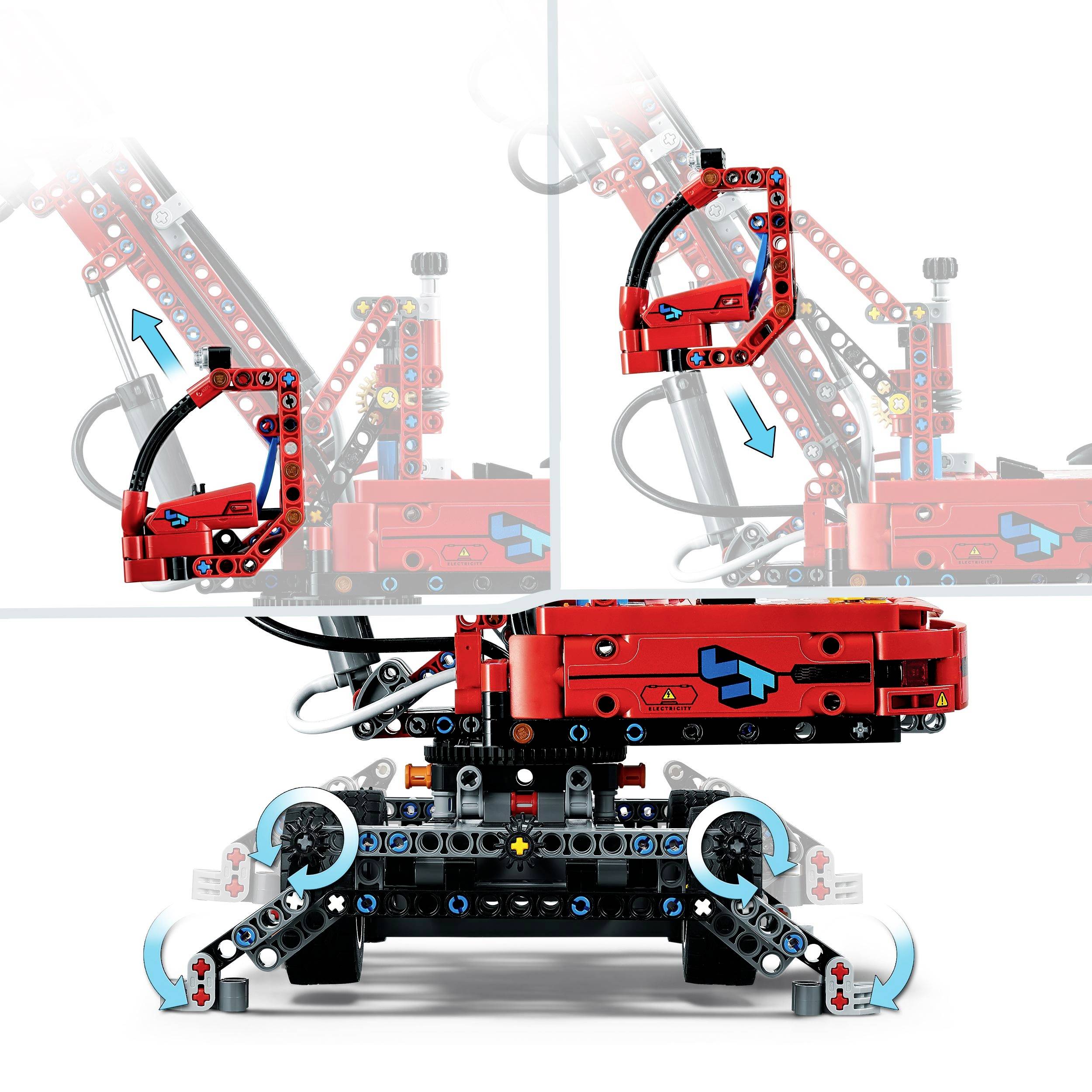 Un modello LEGO rosso mostra un braccio meccanico in due posizioni. Delle frecce illustrano la direzione del movimento del braccio.