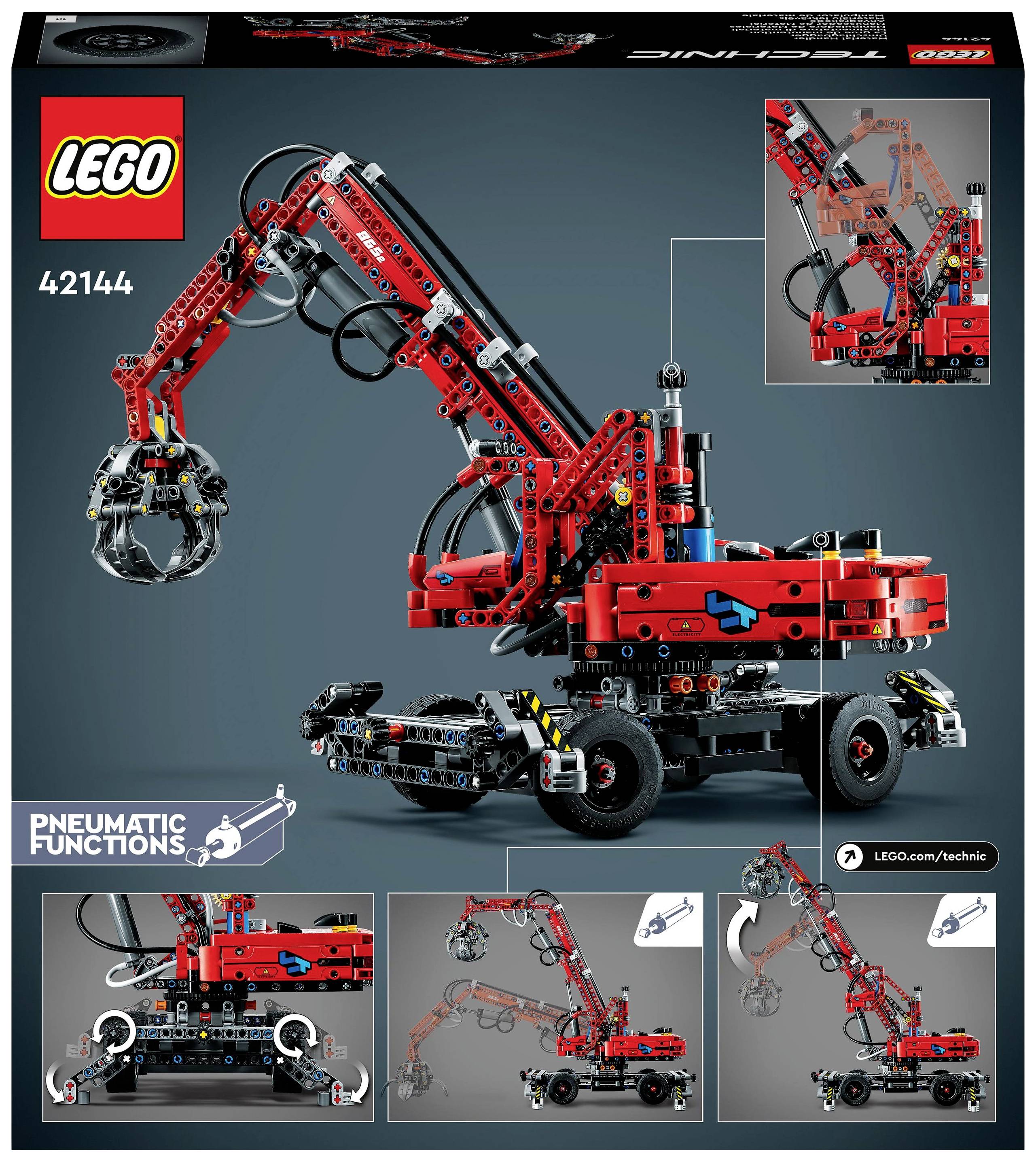 La confezione LEGO mostra un escavatore rosso con braccio di sollevamento della serie Technic. Funzioni e dettagli sono illustrati sul lato frontale.