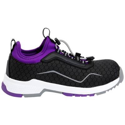 Scarpa sportiva nera con dettagli lilla, suola bianca e sistema di allacciatura elastico, vista laterale.