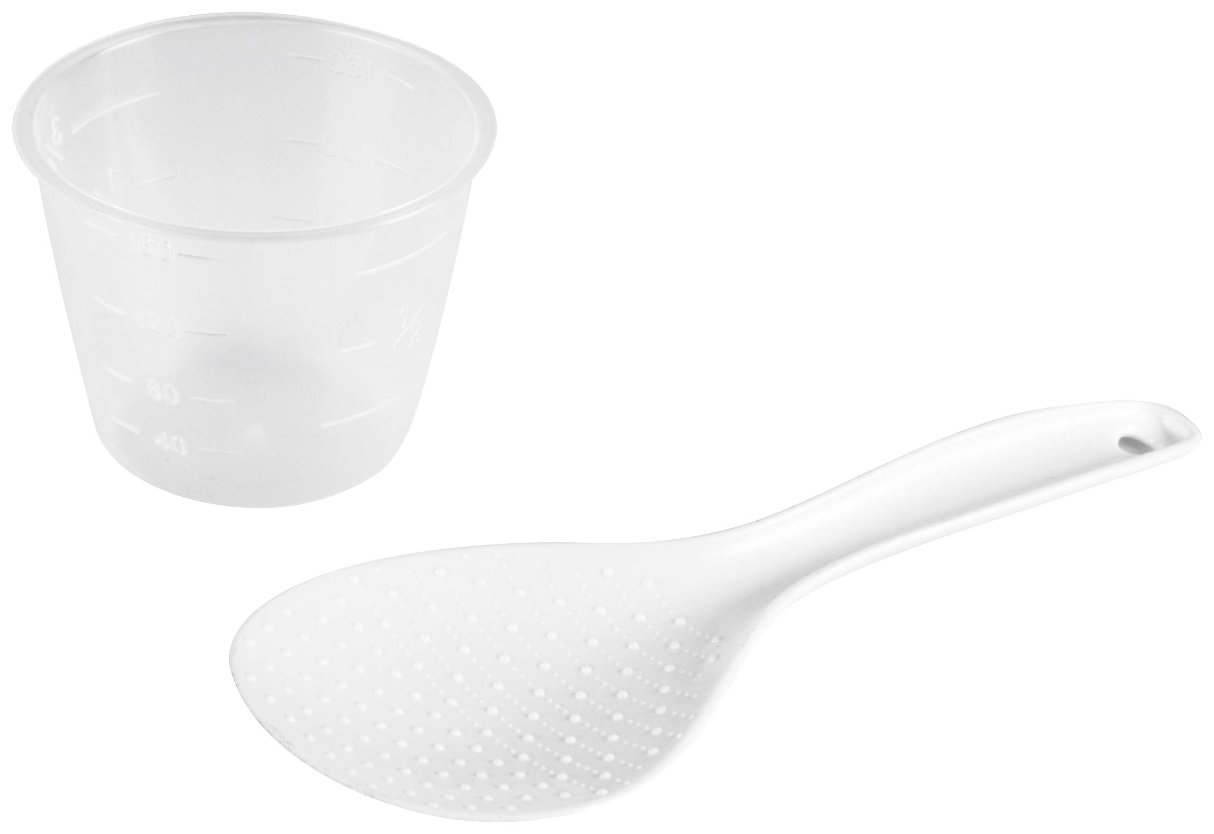 Cucchiaio per riso in plastica bianca e bicchiere graduato trasparente.