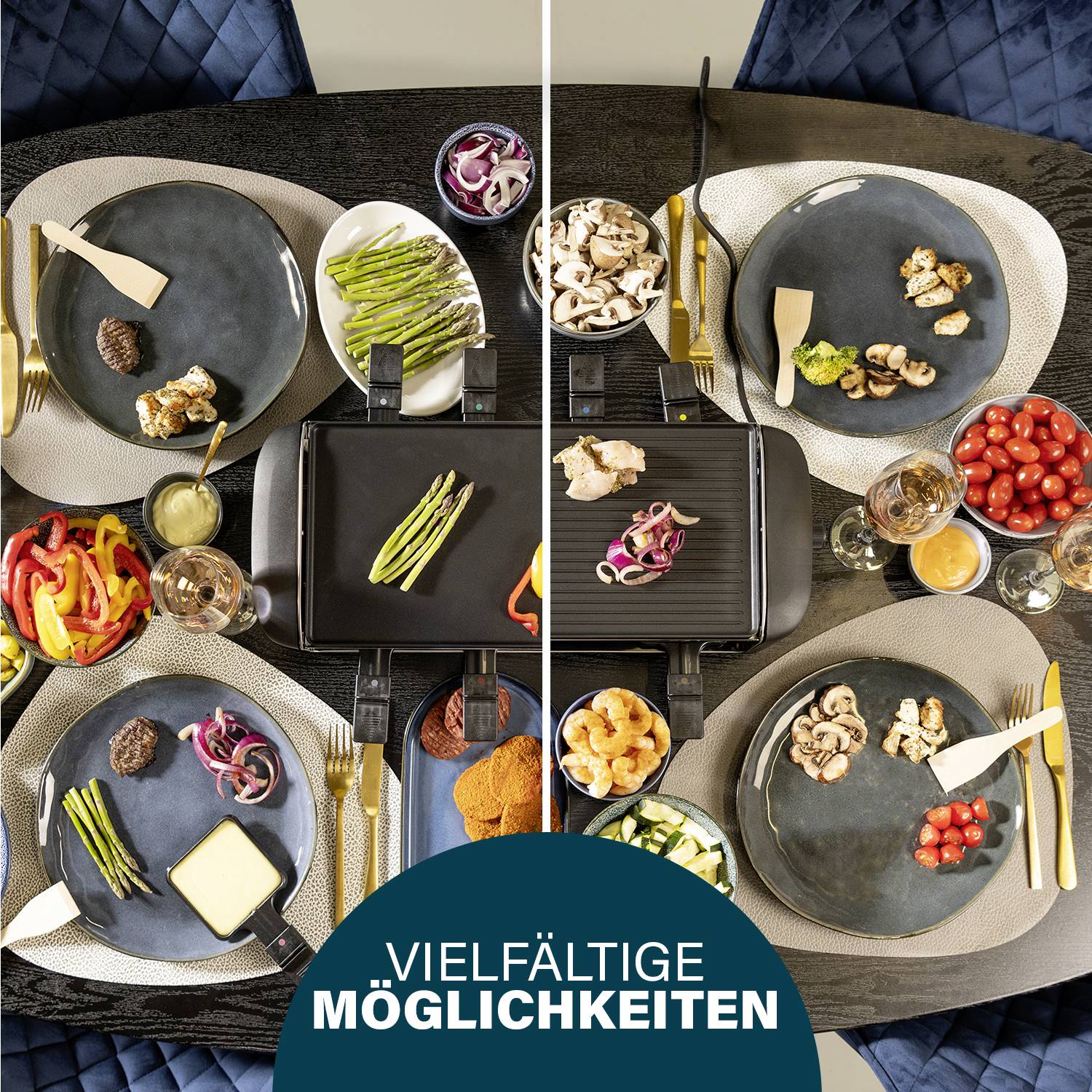 Un tavolo con una griglia per raclette, circondato da piatti con verdure, formaggio e carne. Scritta: 'Possibilità molteplici'.