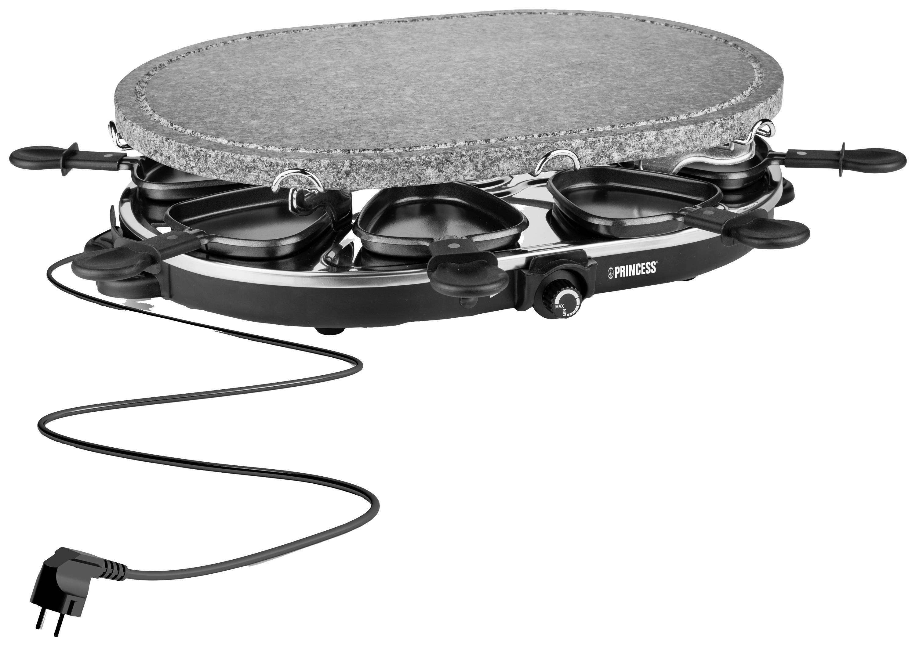 Griglia raclette elettrica con piastra in pietra ovale e spazio per otto piccole padelle, ideale per cucinare insieme a tavola.