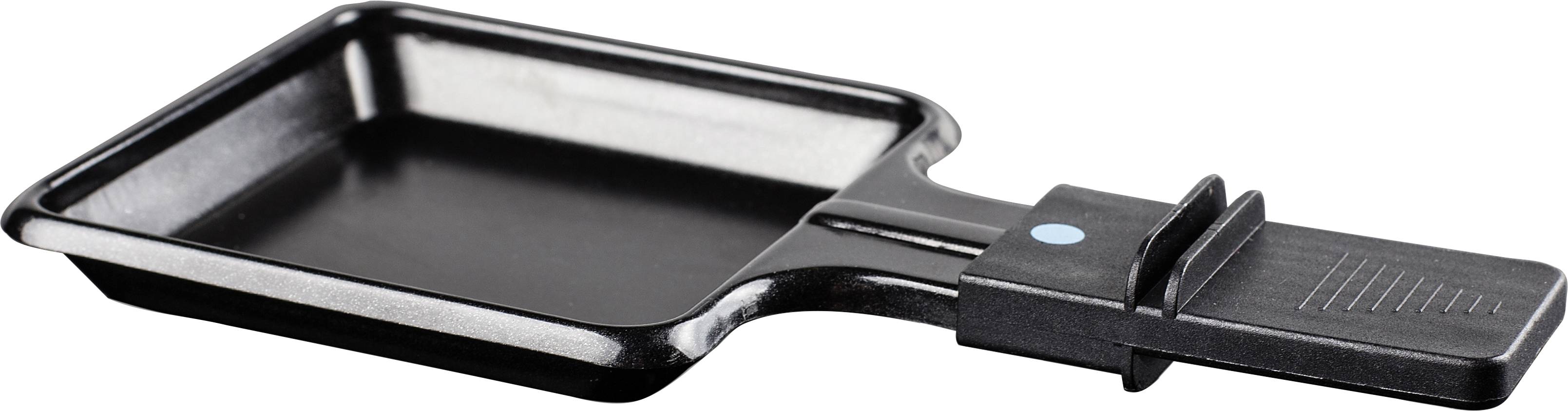 Piccola padella per raclette nera con manico, ideale per sciogliere il formaggio o preparare piccoli piatti su una griglia per raclette.