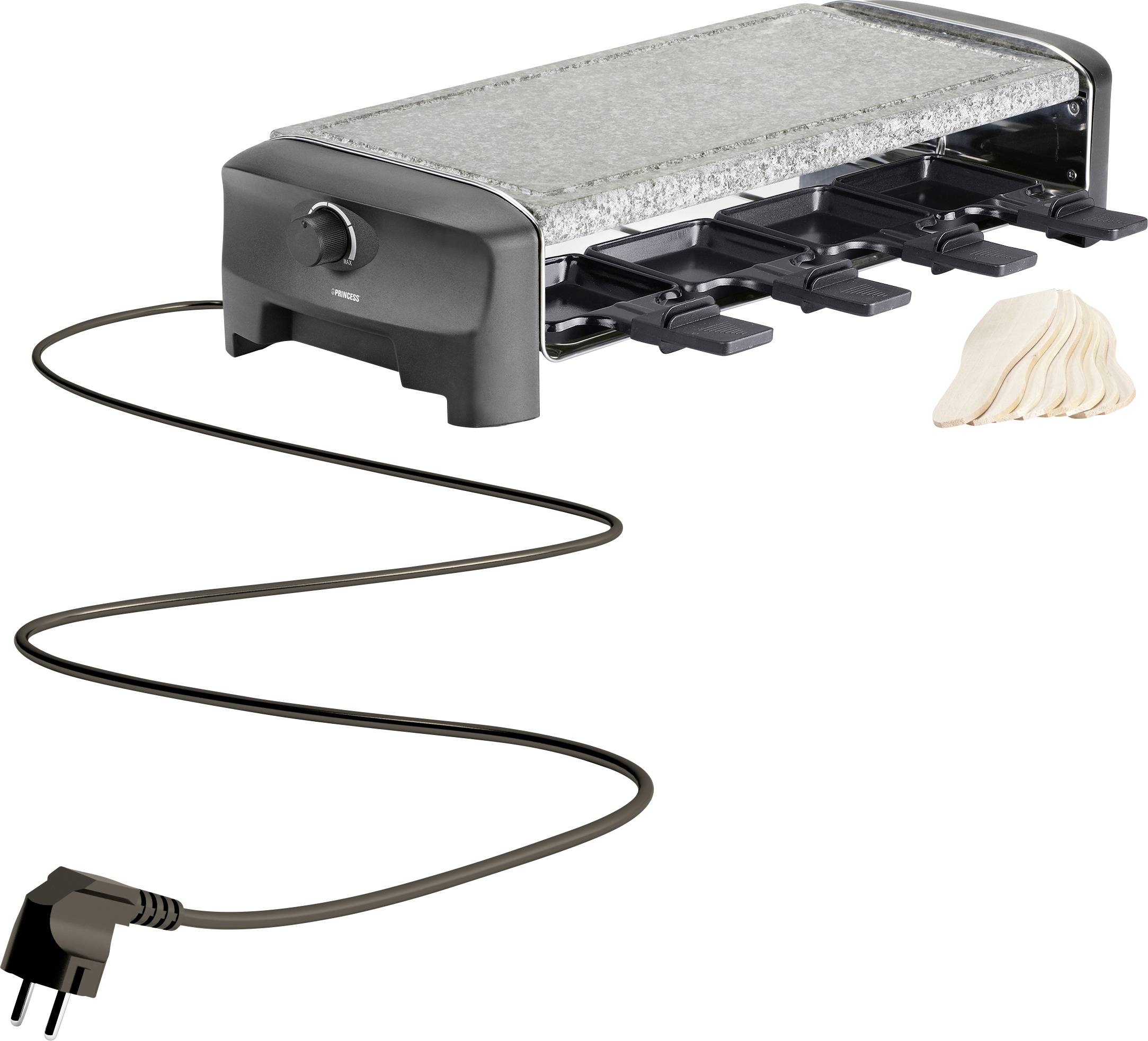 Un grill per raclette con vaschette rimovibili e una piastra in pietra. Accanto sono visibili alcune fette di formaggio. Un cavo elettrico è collegato.
