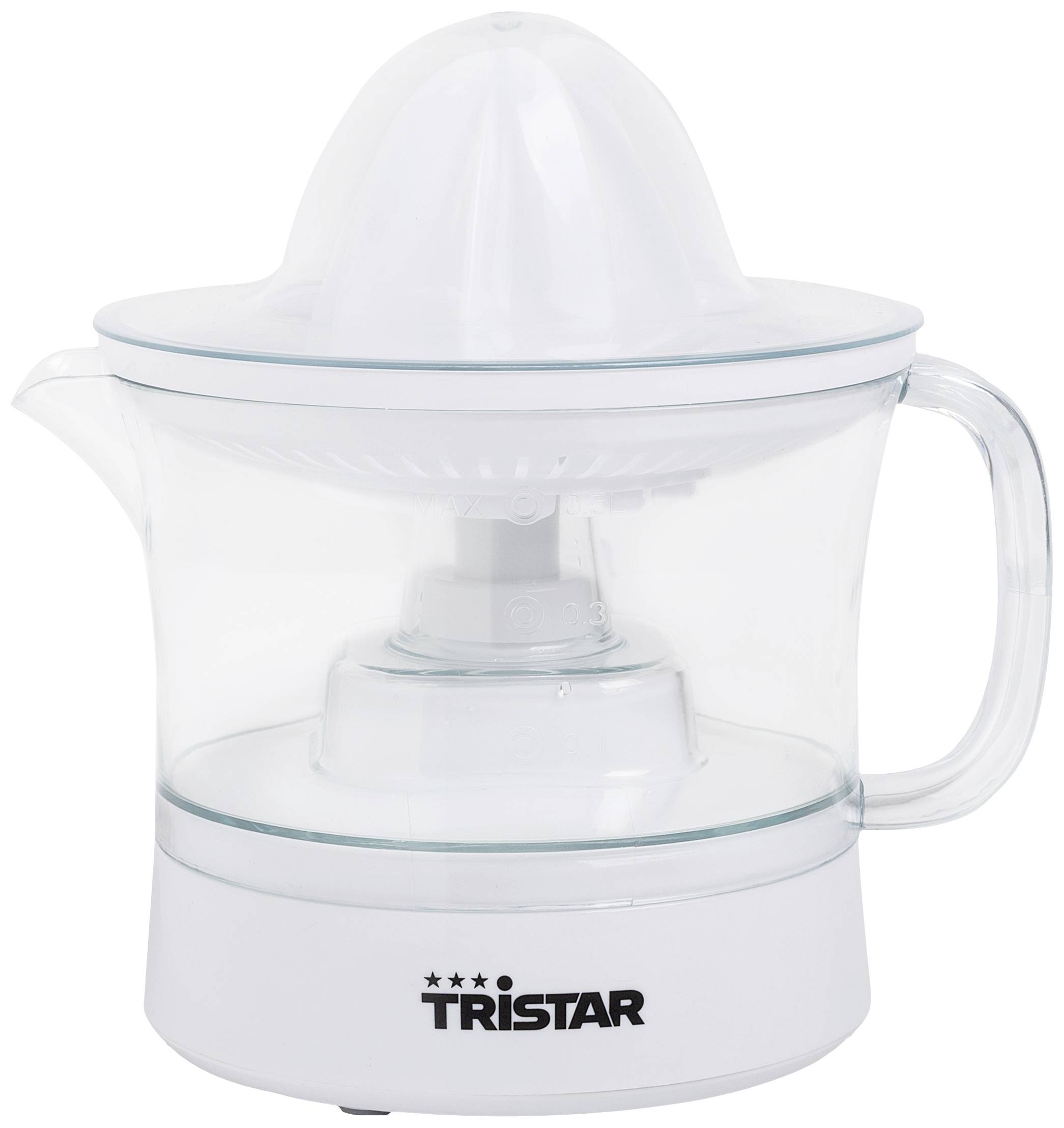 Spremi agrumi elettrico con contenitore trasparente e manico, contrassegnato con 'Tristar'. Ideale per premere agrumi.