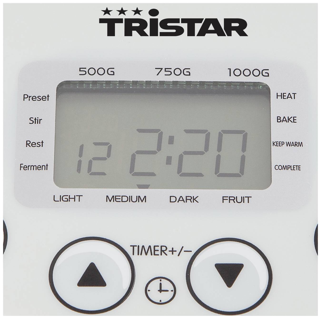 Un display digitale mostra '12 2:20', con opzioni per il peso (500g, 750g, 1000g), preparazione dell'impasto (light, medium, dark, fruit) e impostazioni del timer.