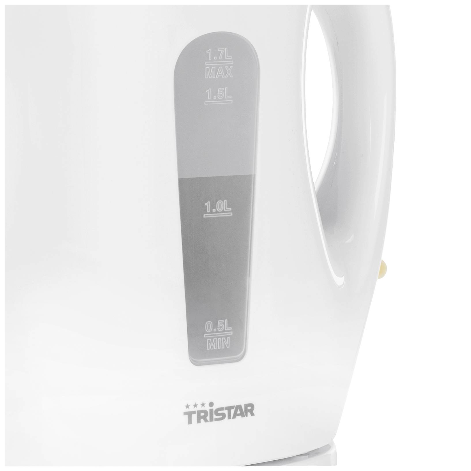 Bollitore con indicatore del livello dell'acqua trasparente. Marcature a 0,5 l, 1,0 l, 1,5 l, e riempimento massimo di 1,7 l. Logo Tristar in basso.