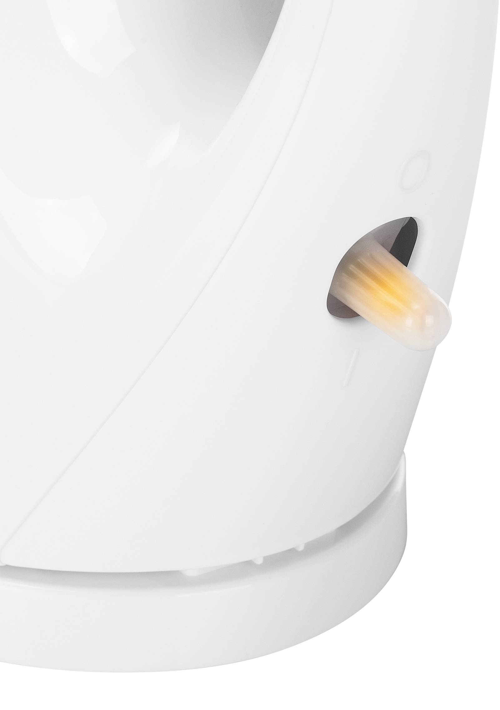 Un dispositivo bianco con una piccola luce arancione visibile sul lato.