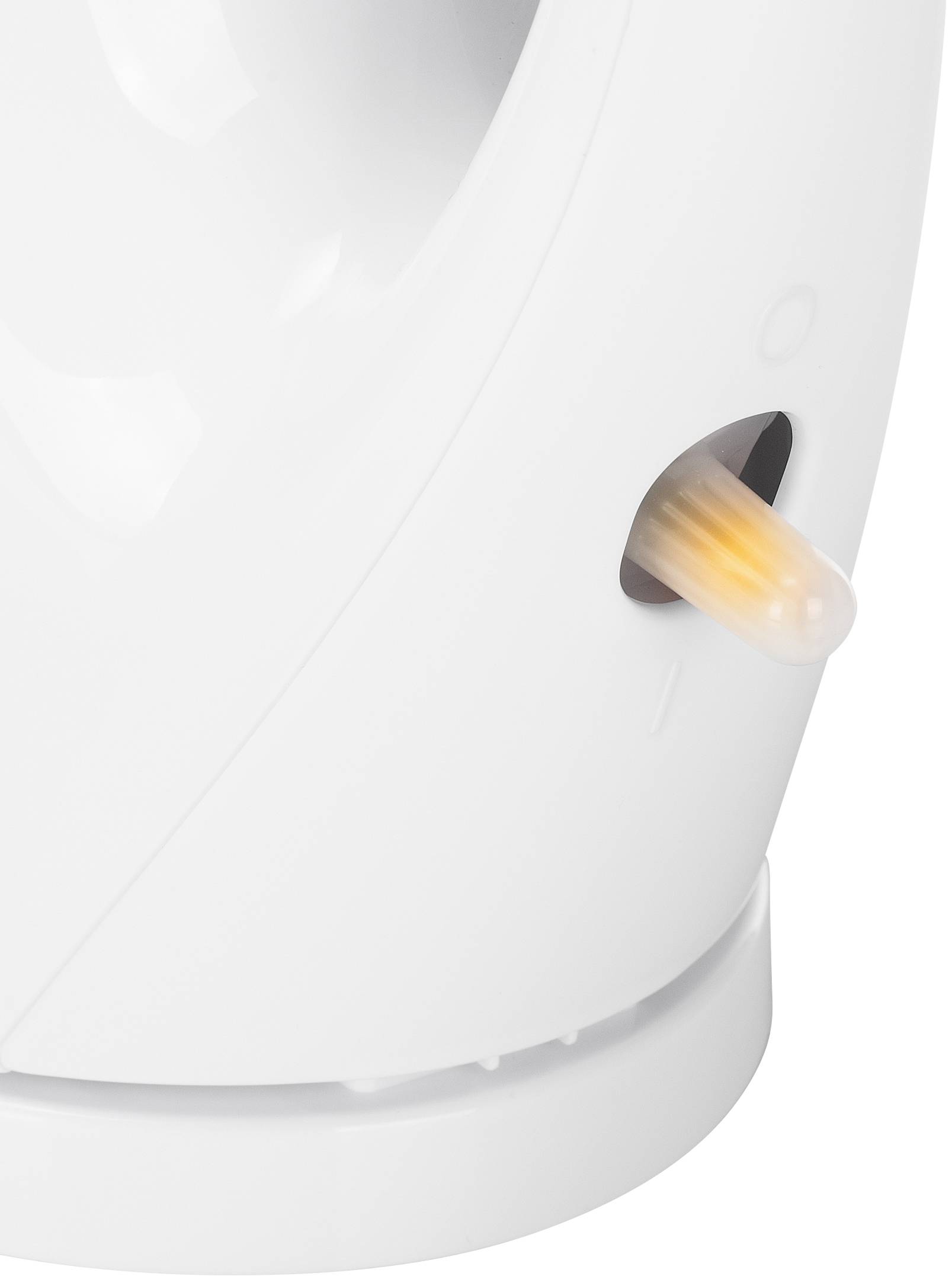 Superficie in plastica bianca con un pulsante arancione leggermente sporgente. Questo potrebbe essere parte di un dispositivo elettrico.