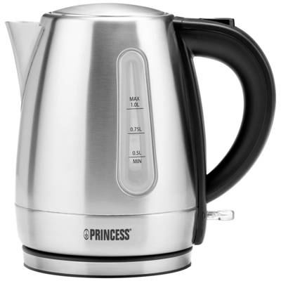 Bollitore elettrico in acciaio inox con manico nero e indicatore di livello, marca 'Princess', capacità fino a 1 litro.