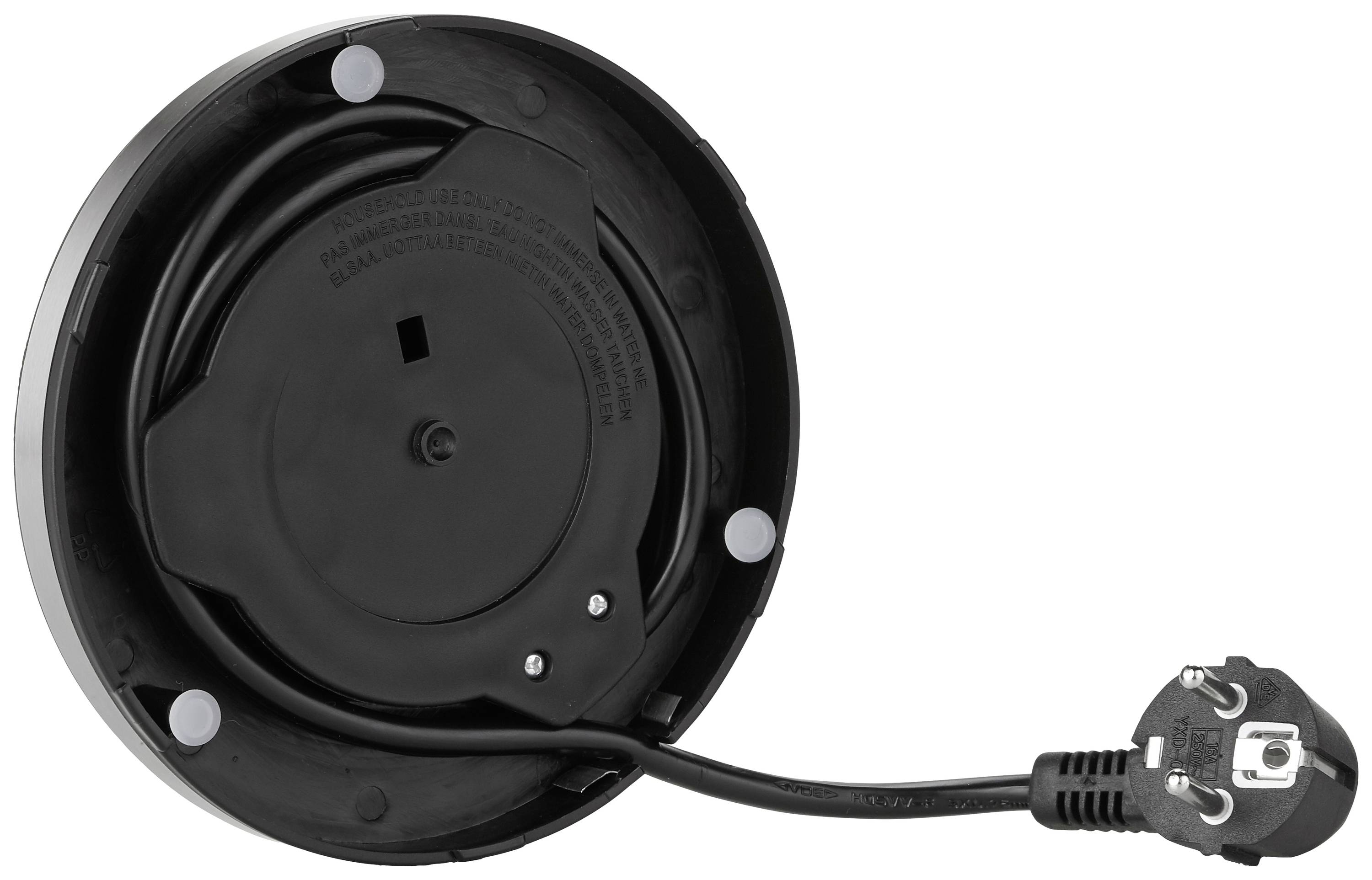 Base nera di una bilancia da cucina elettrica con cavo e spina di alimentazione, mostra il lato inferiore e il collegamento elettrico.