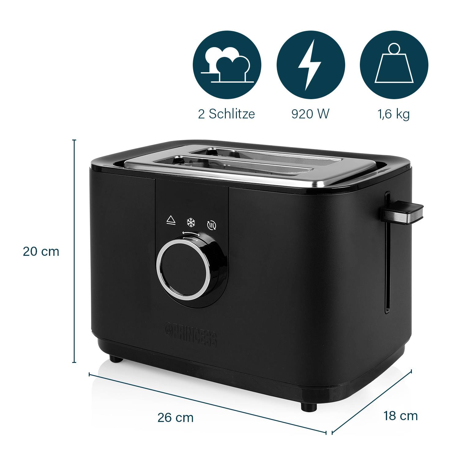Tostapane nero lucido con due fessure, potenza di 920 watt, peso di 1,6 kg. Dimensioni: 26 cm di larghezza, 20 cm di altezza. Le icone in alto mostrano le funzioni.