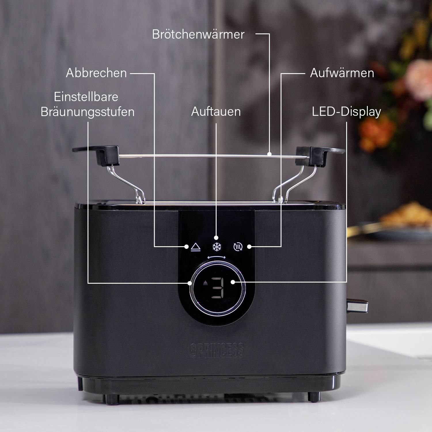'Tostapane nero con scaldapanini, display LED; Funzioni: Annulla, Scongelamento, Riscaldamento, Livelli di doratura regolabili'
