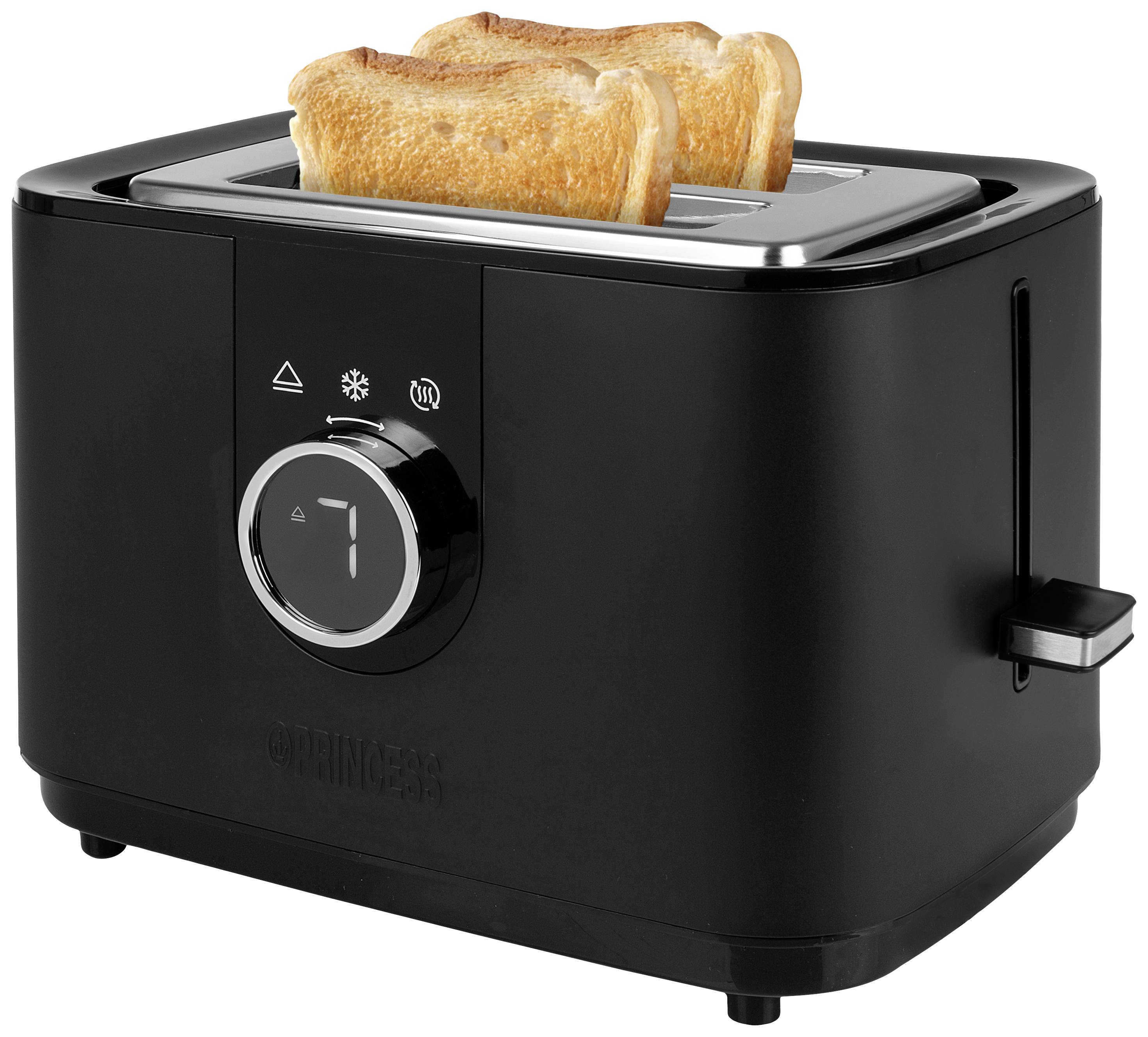 Un tostapane nero con due fette di pane tostato. Il tostapane ha una manopola di regolazione e simboli per diverse impostazioni.