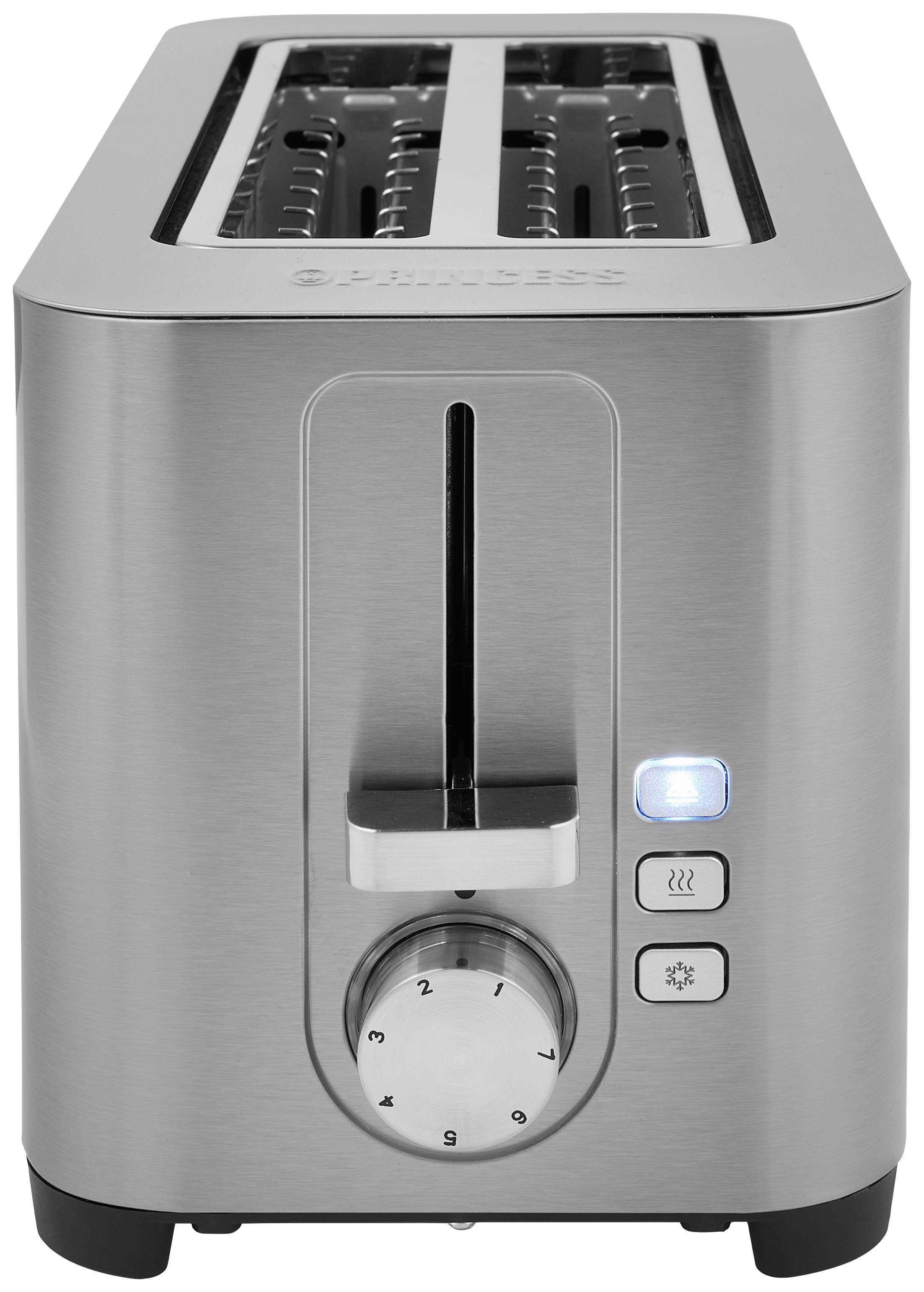 Tostapane a due fessure in acciaio inox con regolatore rotante per l'impostazione del grado di doratura e pulsanti per riscaldare e scongelare.