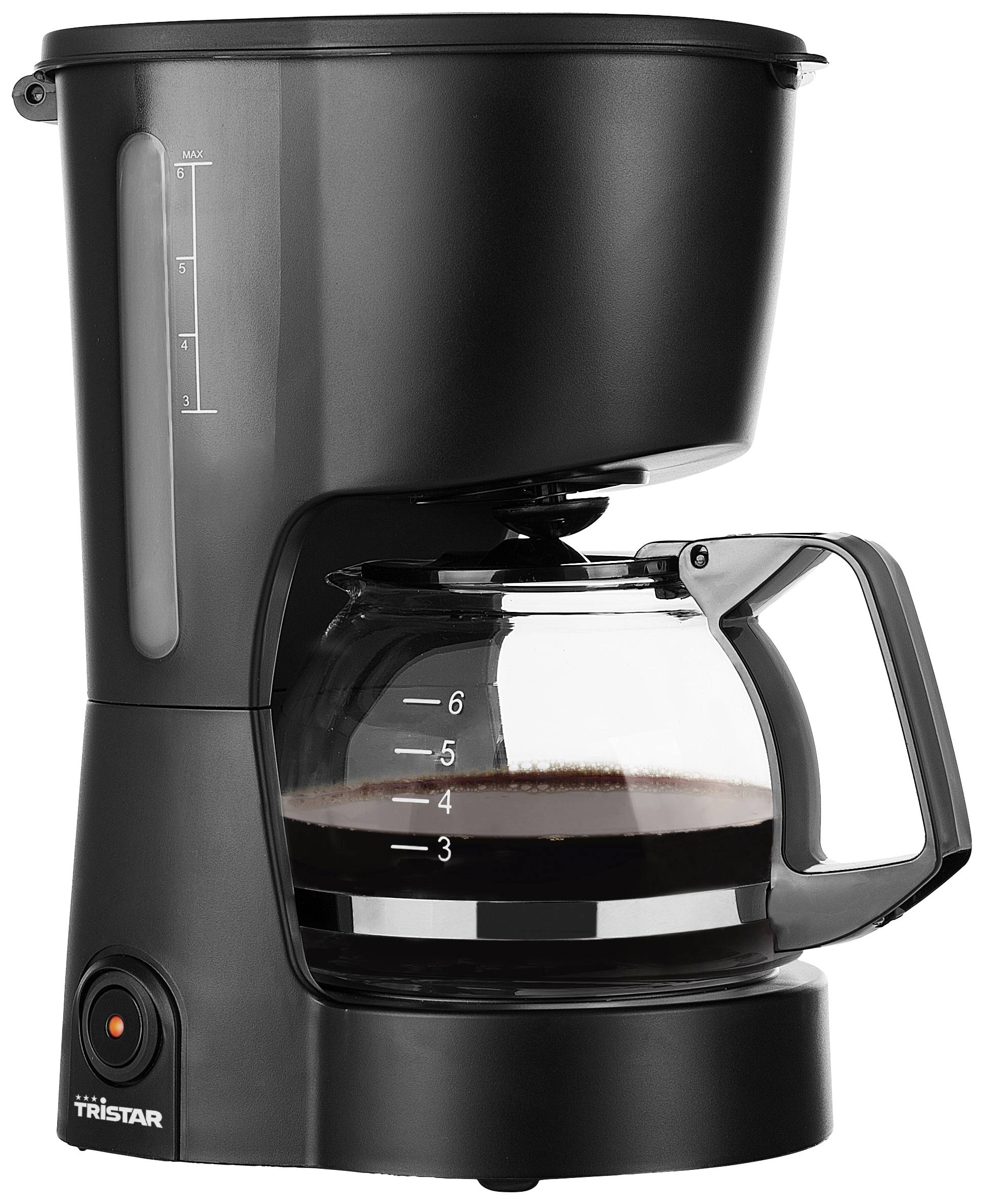 Una macchina da caffè a filtro nera con caraffa in vetro e indicatore del livello dell'acqua, pronta a preparare 6 tazze di caffè.