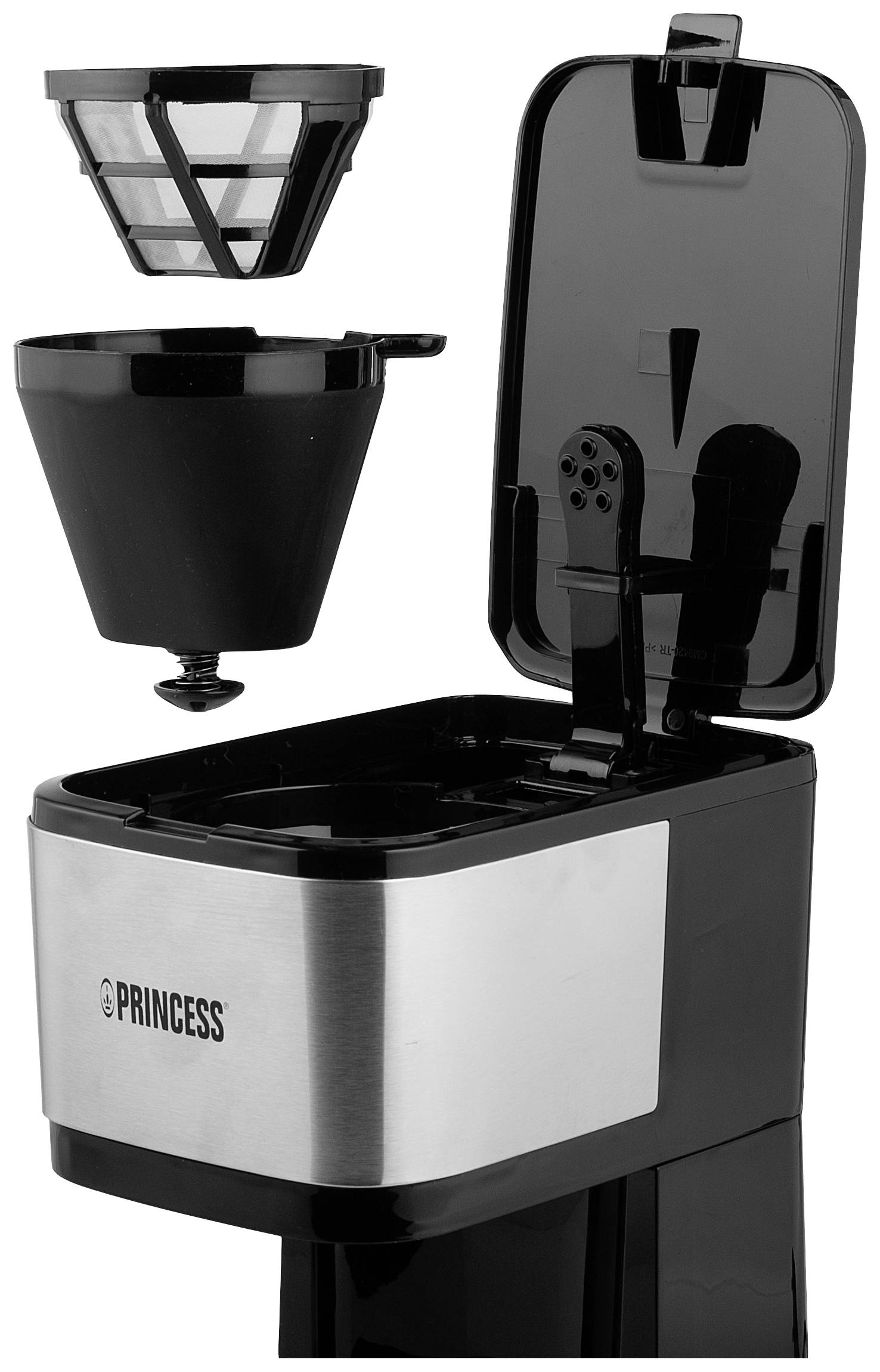 Macchina da caffè con coperchio aperto, portafiltro estraibile e caraffa. Marchio 'Princess' sulla parte anteriore.