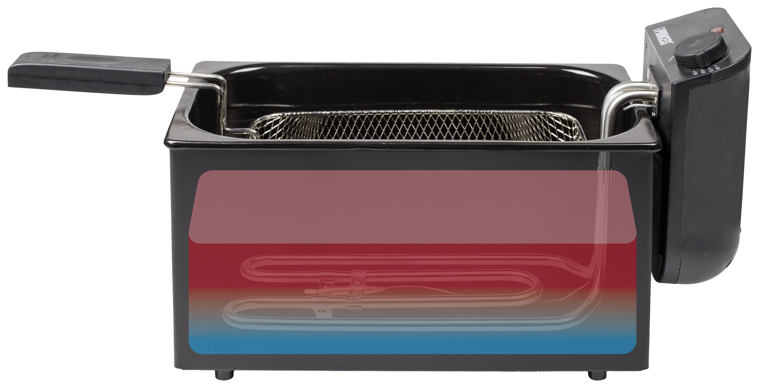 Una friggitrice elettrica con un regolatore di temperatura laterale e un cestello estraibile, ideale per friggere alimenti.