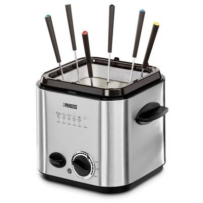 Un set di fonduta elettrico in acciaio inossidabile, con sei forchette, ciascuna contrassegnata da un punto colorato, è posto in posizione verticale.